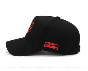Detailed side view of black cotton baseball cap with red FORCE wing embroidery