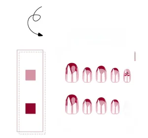 Detailed set of 10 French style press-on nails with pink gradient and cherry patterns