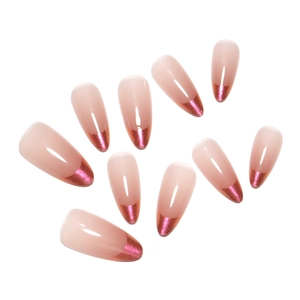 French almond press-on nails with nude pink gradient and metallic magenta tips 10pcs set
