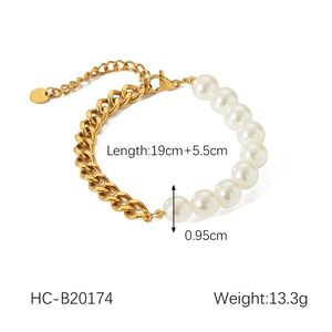 18K gold stainless steel Cuban link and pearl chain bracelet with lobster clasp detail