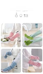 Waterproof kitchen cleaning gloves with long sleeves in pink, green, and blue colors