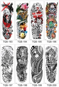 Grid display of waterproof temporary full arm tattoos featuring tiger, skull and angel designs
