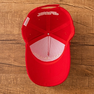 Internal view of red cotton baseball cap with Trump and Make America embroidery