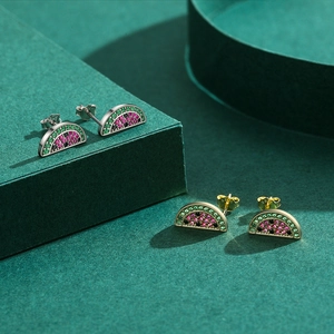 Boucles d'oreilles pastèque en argent S925 avec pierres de zircon rose et vert brillantes