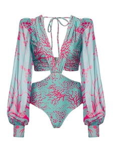 Blue one-piece swimsuit with pink coral print, deep V-neck, and long puff sleeves