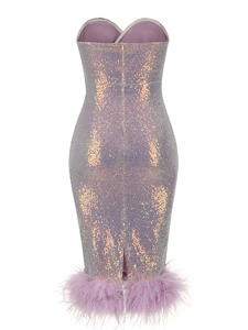 Detail of back view showing iridescent purple sequins and luxury feather trim on dress