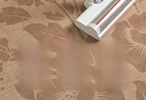 Detail of vintage floral rug texture being cleaned with a vacuum cleaner nozzle