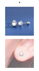 Detail of 925 silver mini pearl stud earrings with secure screw-back design for women