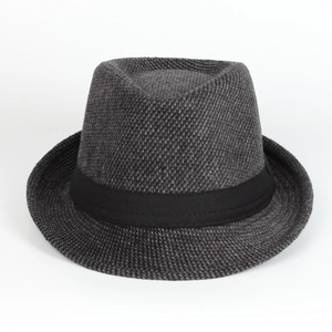 Classic men's felt fedora hat with black ribbon band and vintage grey textured finish