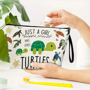 Portable turtle print makeup bag with zipper and hand strap for women toiletries