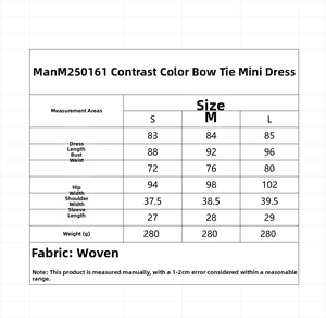 Tableau des tailles détaillé pour la robe mini avec mesures de buste, taille et longueur