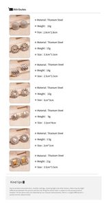 Detailed chart of geometric titanium steel earrings with weight and size specifications