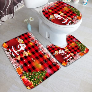 Three-piece festive Christmas bathroom set with Santa Claus and red plaid pattern design