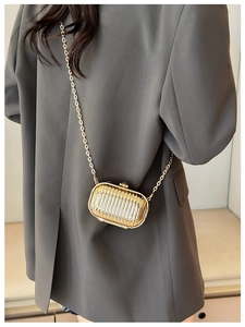 Chic gold mini chain bag featuring vertical pleats worn as a stylish crossbody bag