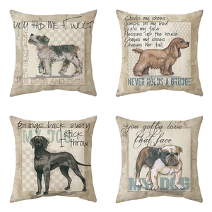Set of four vintage dog illustration linen throw pillows with artistic animal patterns