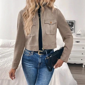 Detail of khaki suede jacket featuring metallic zipper and large flap pockets with buttons