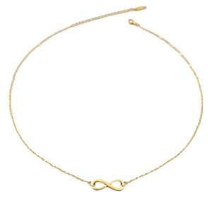 Minimalist gold infinity pendant necklace with delicate chain for women on white background