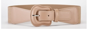 Detail of beige elastic waist belt with textured faux leather finish and metal buckle