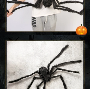 Detail of a large black plush spider prop for Halloween party and haunted house decor