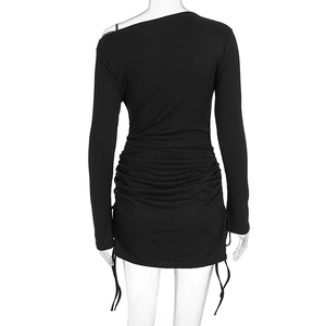 Rear view of black long sleeve ruched knit dress with adjustable side drawstrings