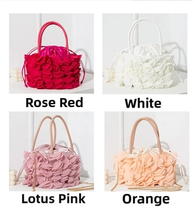 Detailed grid view of pleated flower bucket bags in rose, white, pink, and orange tones