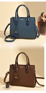 Detailed comparison of blue and brown leather tote bags with elegant double handles