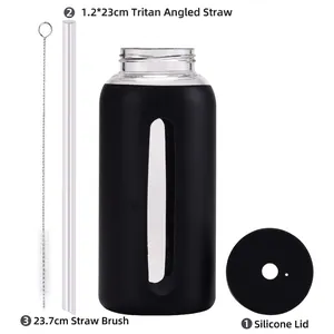 800ml glass water bottle with black silicone sleeve, straw, and cleaning brush kit