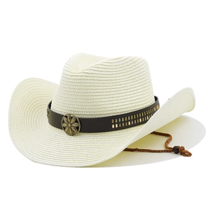 Cappello di paglia western crema con fascia in pelle marrone e fiori in metallo vintage