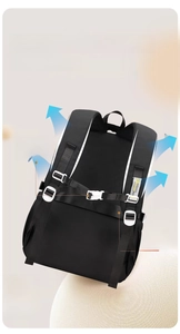 Close-up of padded S-shaped shoulder straps and luggage strap on school backpack