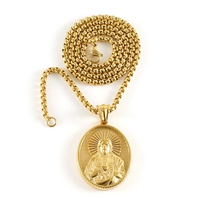 Detail of 18K gold-plated oval religious pendant on a square box chain with lobster clasp