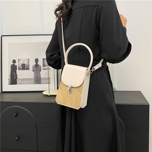 Fashionable two-tone crossbody square bag with round handle and metal buckle shown on model