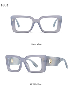 Macro detail of blue square sunglasses featuring wide temples and gold metal accents