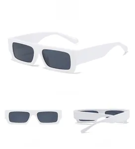 Three perspectives of white square frame sunglasses with dark lenses and minimalist design
