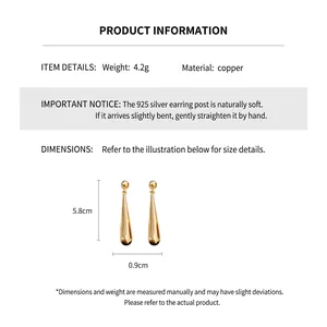 Detailed view of long gold teardrop earrings with dimensions of 5.8cm length and 0.9cm width