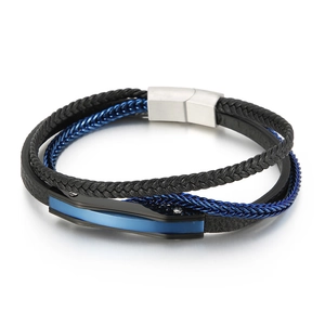 Multi-layer black leather and blue steel chain bracelet with a magnetic silver clasp