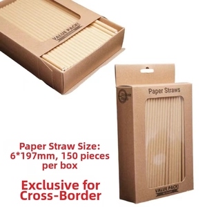 Detail of 6x197mm black biodegradable paper straws in 150pcs kraft window box