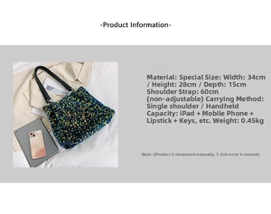 Detail view of colorful sequined bucket bag showing dimensions 34x28x15cm and leather handle