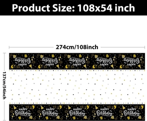 Graphic showing the 108x54 inch dimensions of the Happy Birthday party tablecloth