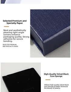 Detail of navy textured specialty paper jewelry box with premium black flocked lining foam