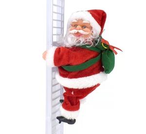 Detail of Santa climbing white ladder with a green gift bag for Christmas decoration
