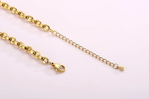 Detailaufnahme der goldenen Edelstahl-Panzerkette mit Karabinerverschluss und Verlängerung