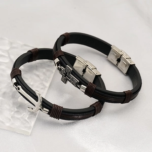 Men's black leather wristbands with stainless steel cross and anchor charms