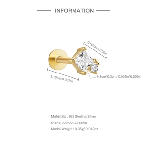 Detail of S925 sterling silver star labret stud with AAAAA zirconia stones and gold plating
