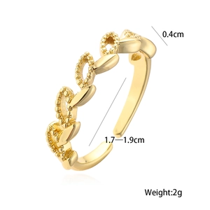 Macro detail of 18K gold plated leaf ring showing 0.4cm width and adjustable band