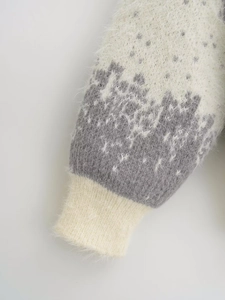 Detailed macro of white and grey gradient knit cuff with soft plush texture and ribbed trim