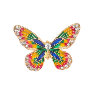 Vintage style butterfly brooch with colorful enamel and sparkling rhinestones on gold metal