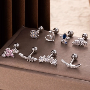 8-piece stainless steel cartilage stud set with colorful zircon heart and flower designs