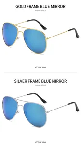 Detail view of gold and silver pilot sunglasses with blue mirrored lenses in 45-degree angle