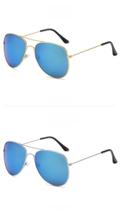 Detail view of gold and silver pilot sunglasses with blue mirrored lenses in 45-degree angle