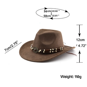 Detailed view of dark brown cowboy hat with beaded band and precise size measurements